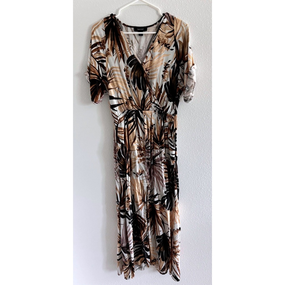 Karen Kane Dress Womens Medium Brown Palm Midi Satin Wrap Career Resort Luxury